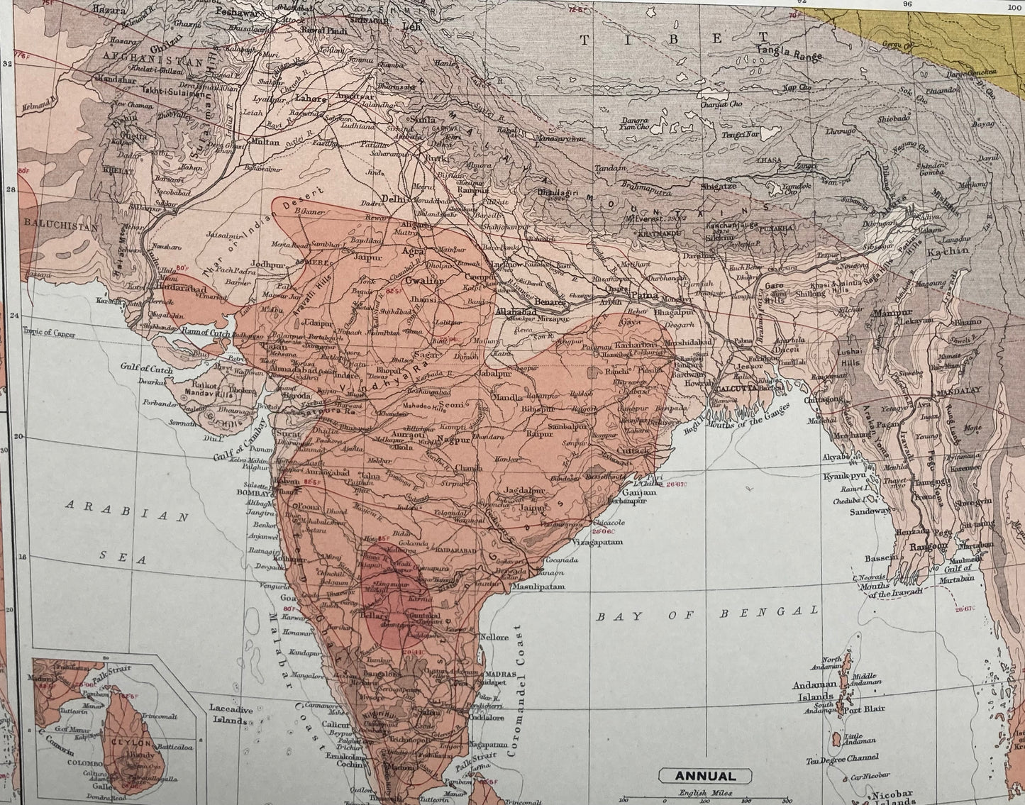 Antique Meteorological Map of India – Vintage Weather Chart, 19th Century