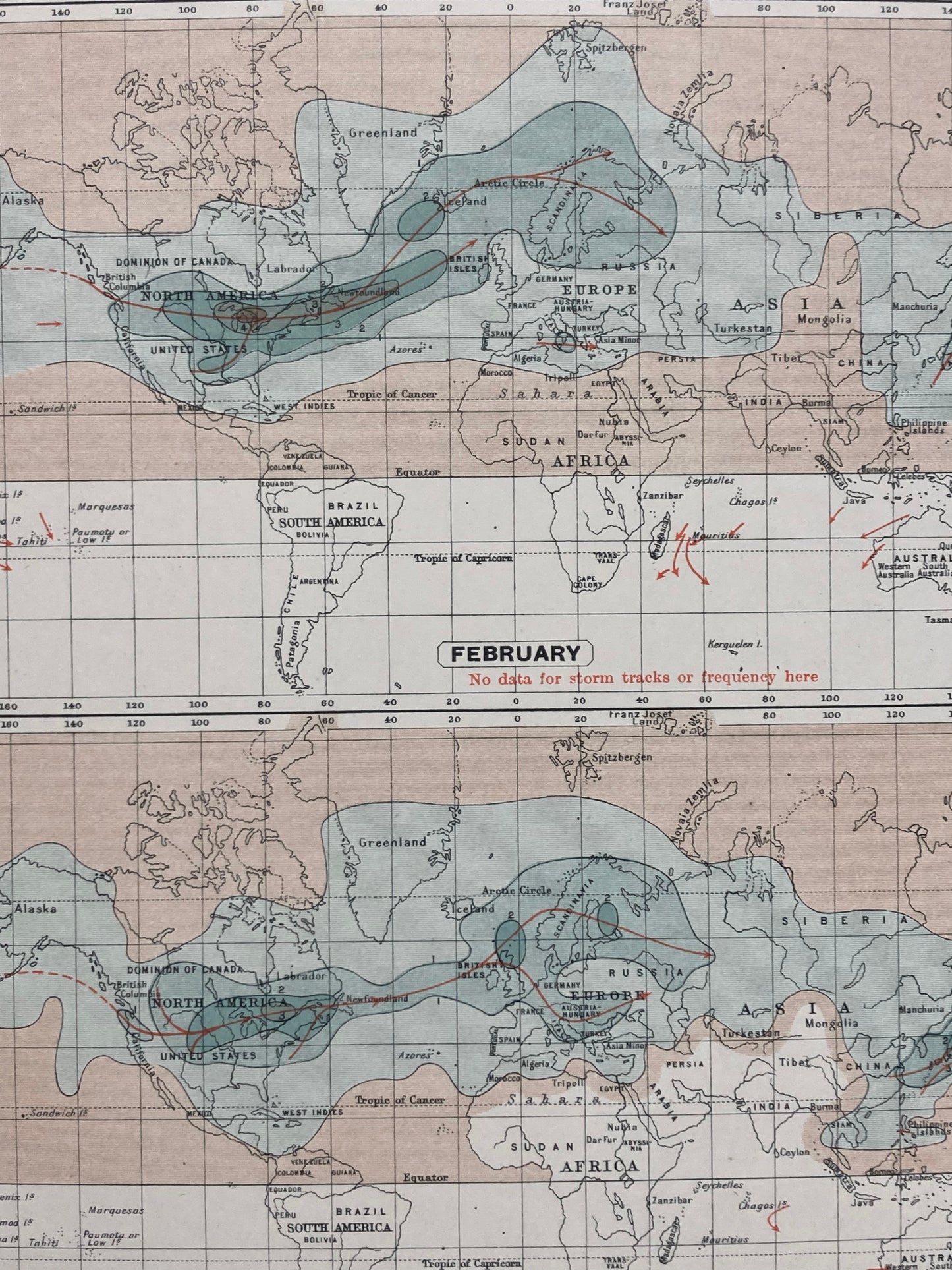 Antique Meteorological Map - STORM TRACKS & FREQUENCY – Vintage Weather Chart,19th Century