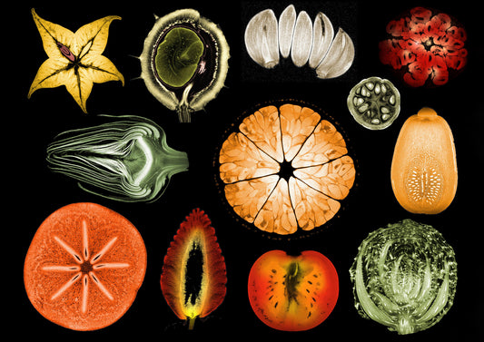 <p><strong>MRI Scan Fruit &amp; Veg</strong></p> <p><i>A natural choice when you need a splash of colour for your kitchen &nbsp;!</i></p> <p>Collage of cross sections of various Fruits and Vegetables created using Magnetic Resource Imaging (MRI) Scanner and digitally coloured to match the colour of the fruit or vegetable.</p>