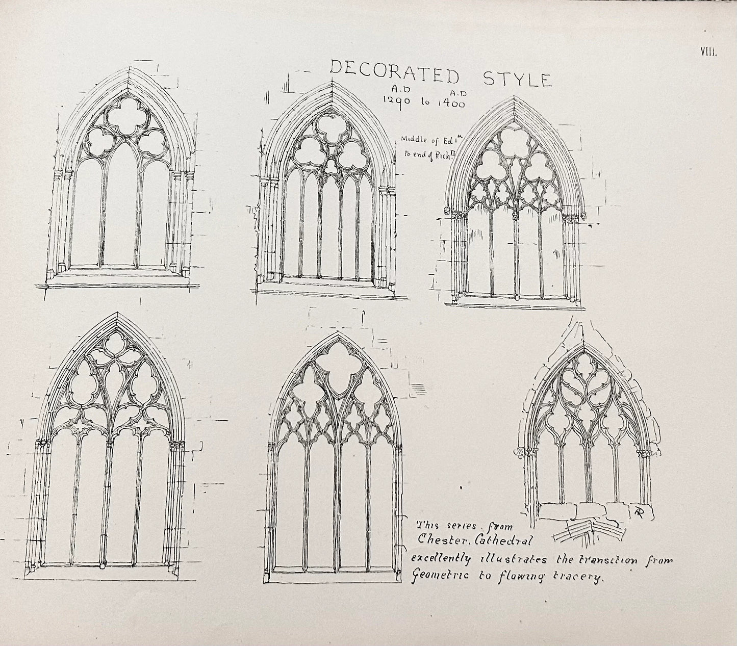Architectural Decorated Styles - Rimmer 1874 - Period 1290 to 1400 Early English Chester Cathedral Plate VIII