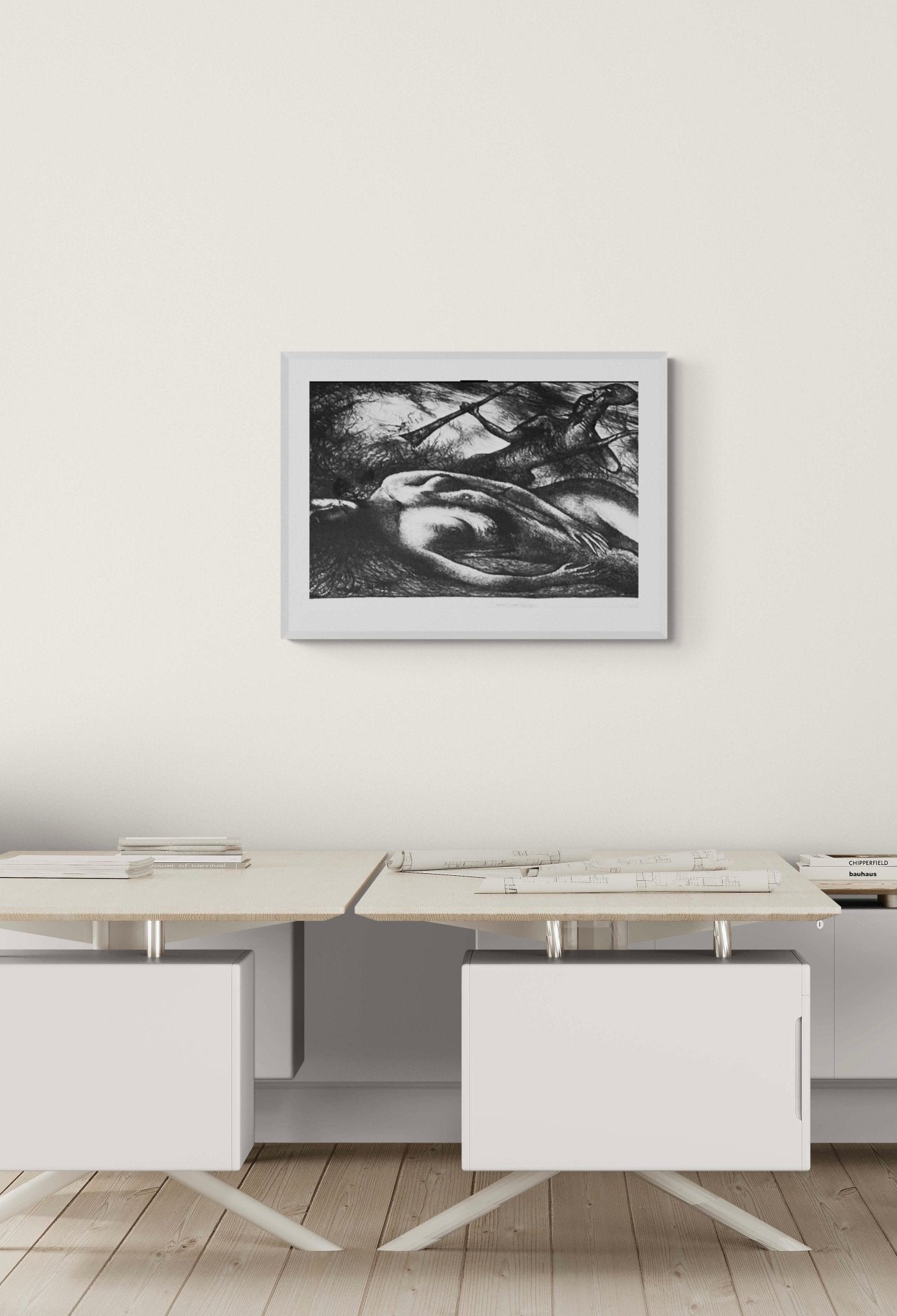 Black & White Lithographic Print Original Signed Joseph Urie Art - Room Four