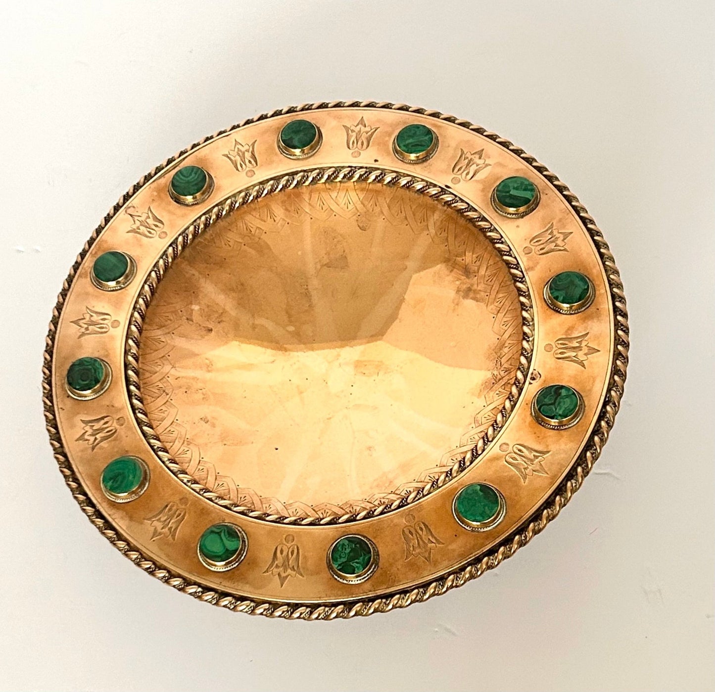 Green Malachite Brass Ceremonial Tazza On Pedestal Base Gothic Revival Ceremonial - Room Four