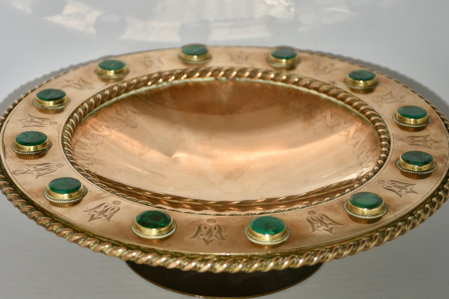 Green Malachite Brass Ceremonial Tazza On Pedestal Base Gothic Revival Ceremonial - Room Four