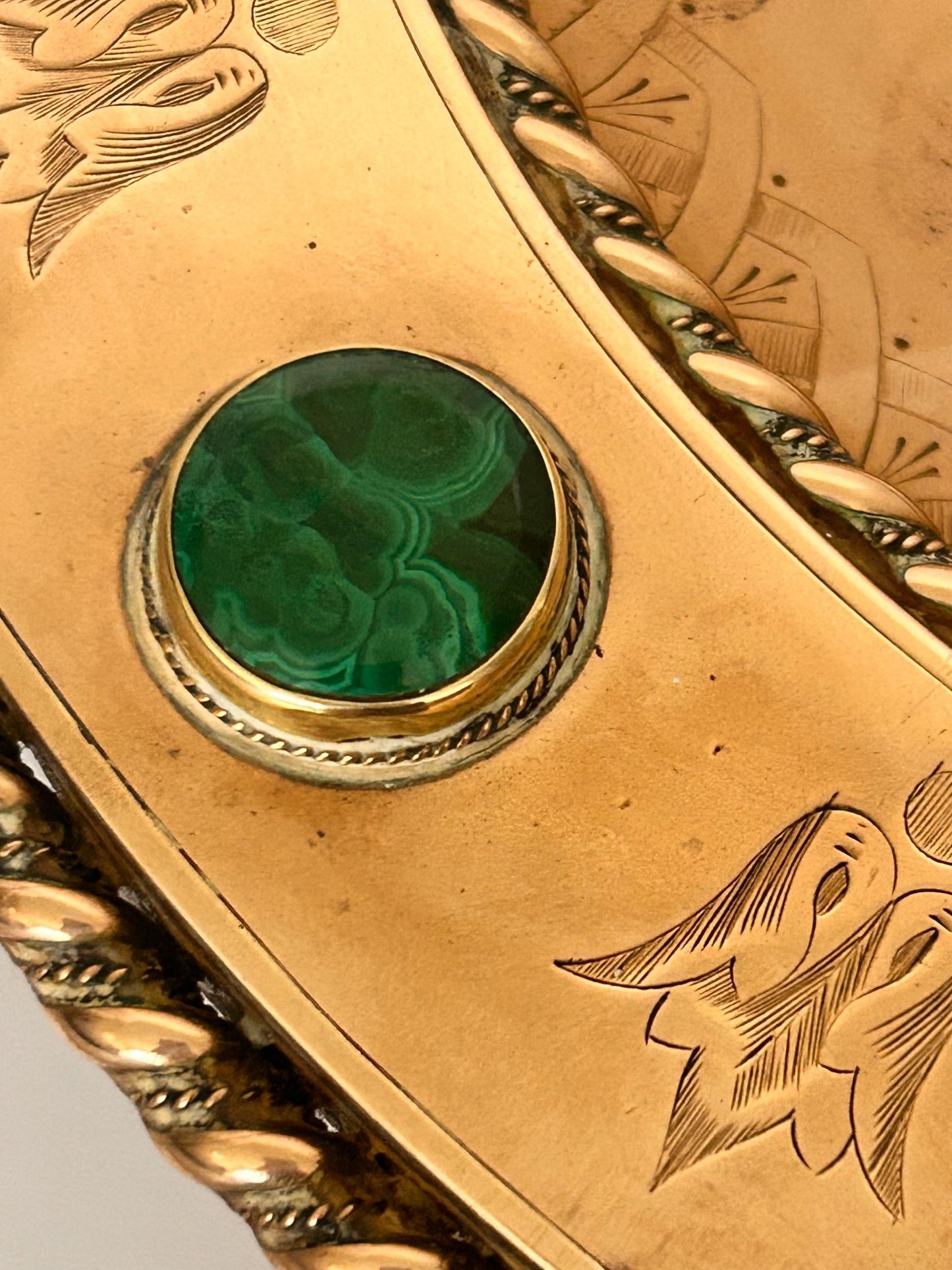 Green Malachite Brass Ceremonial Tazza On Pedestal Base Gothic Revival Ceremonial - Room Four