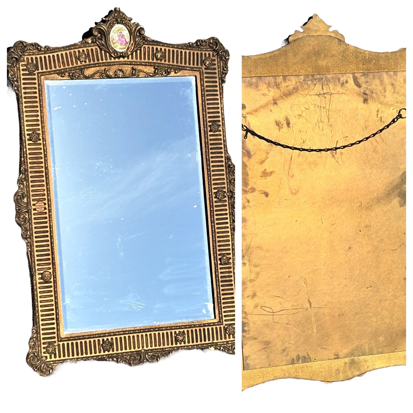 Sold Out - French Rococo gilt framed wall mirror rectangular porcelain surmount “Fragonard” 19th century inspired - Room Four