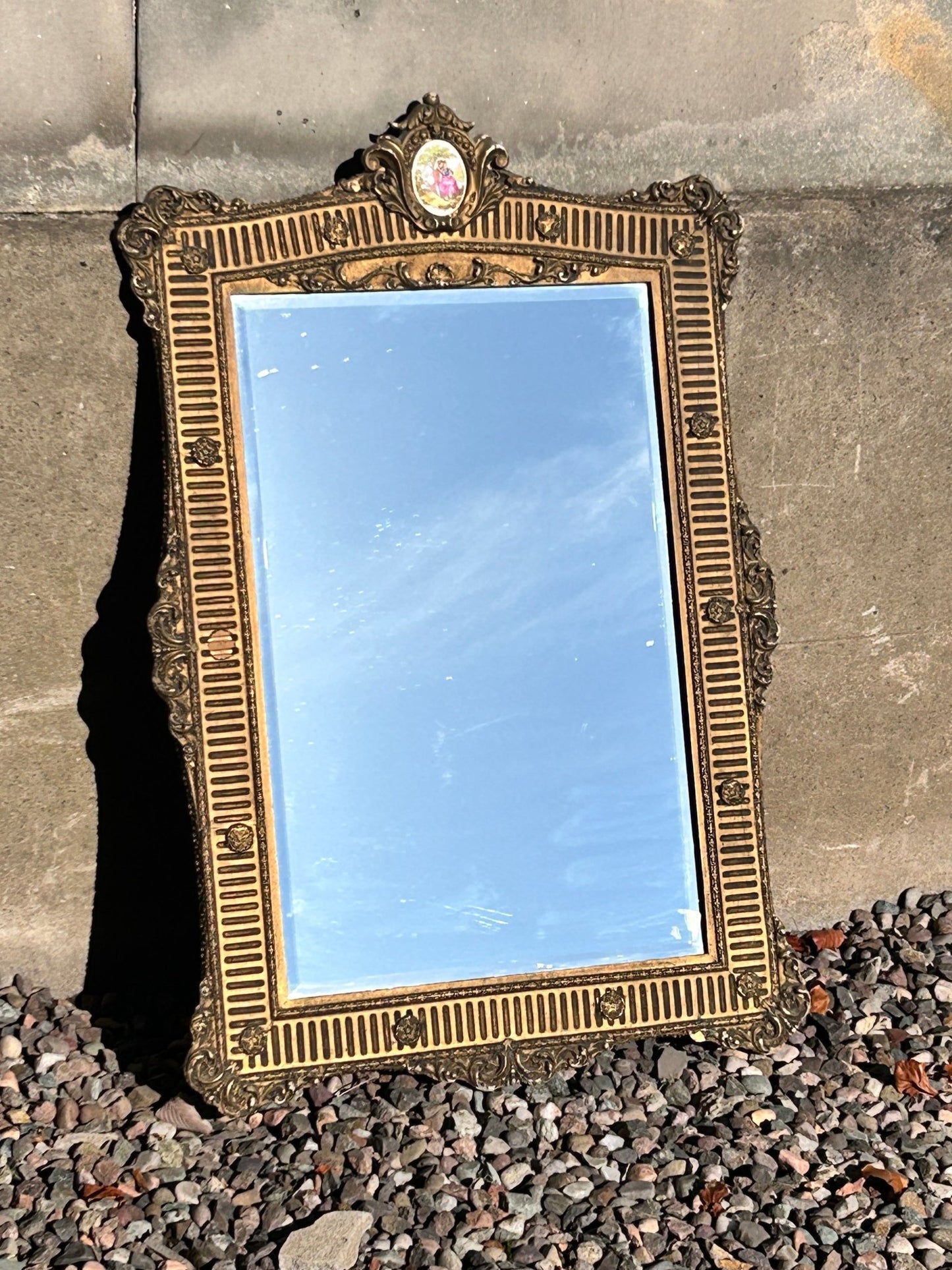 Sold Out - French Rococo gilt framed wall mirror rectangular porcelain surmount “Fragonard” 19th century inspired - Room Four