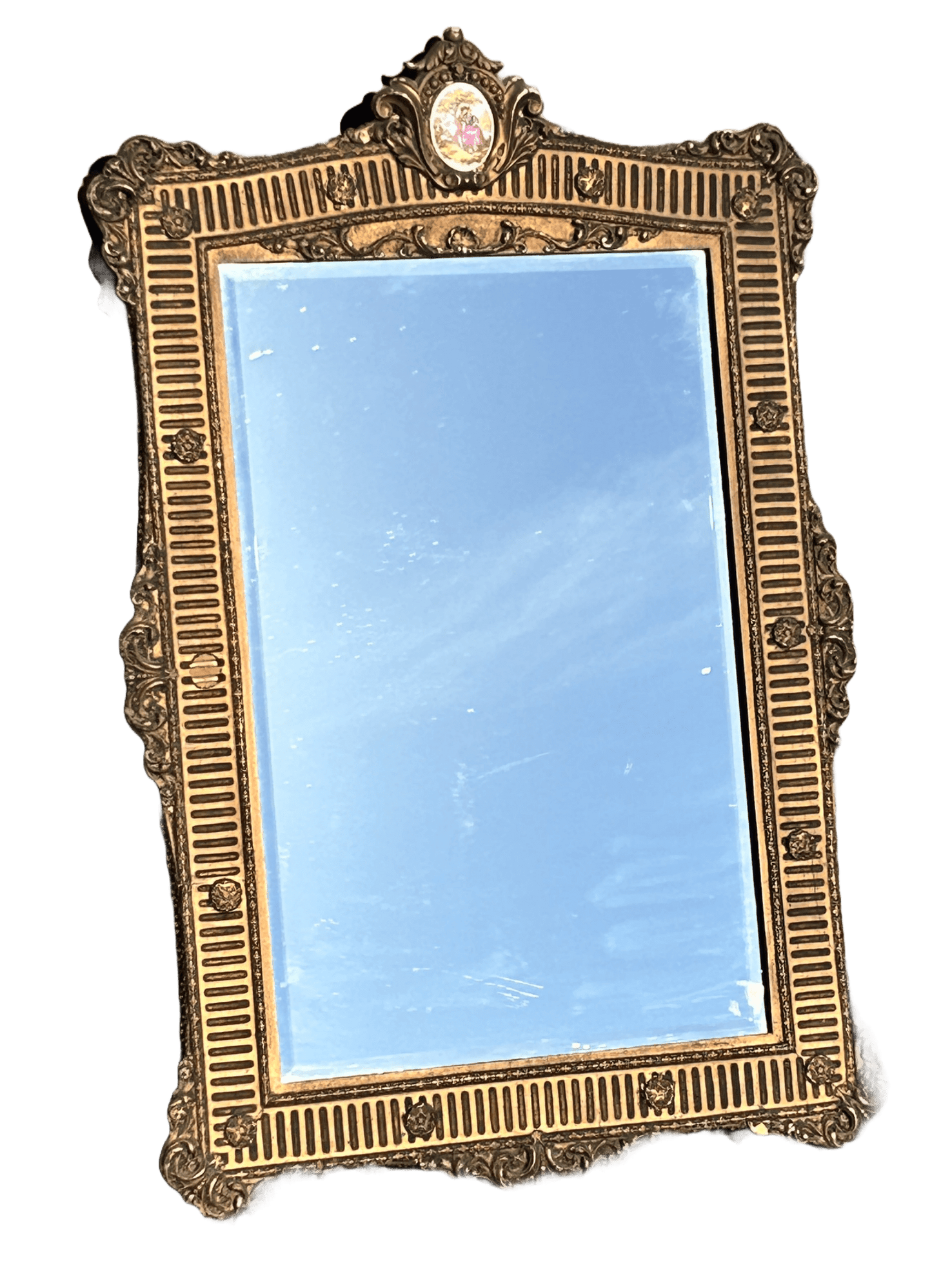 Sold Out - French Rococo gilt framed wall mirror rectangular porcelain surmount “Fragonard” 19th century inspired - Room Four