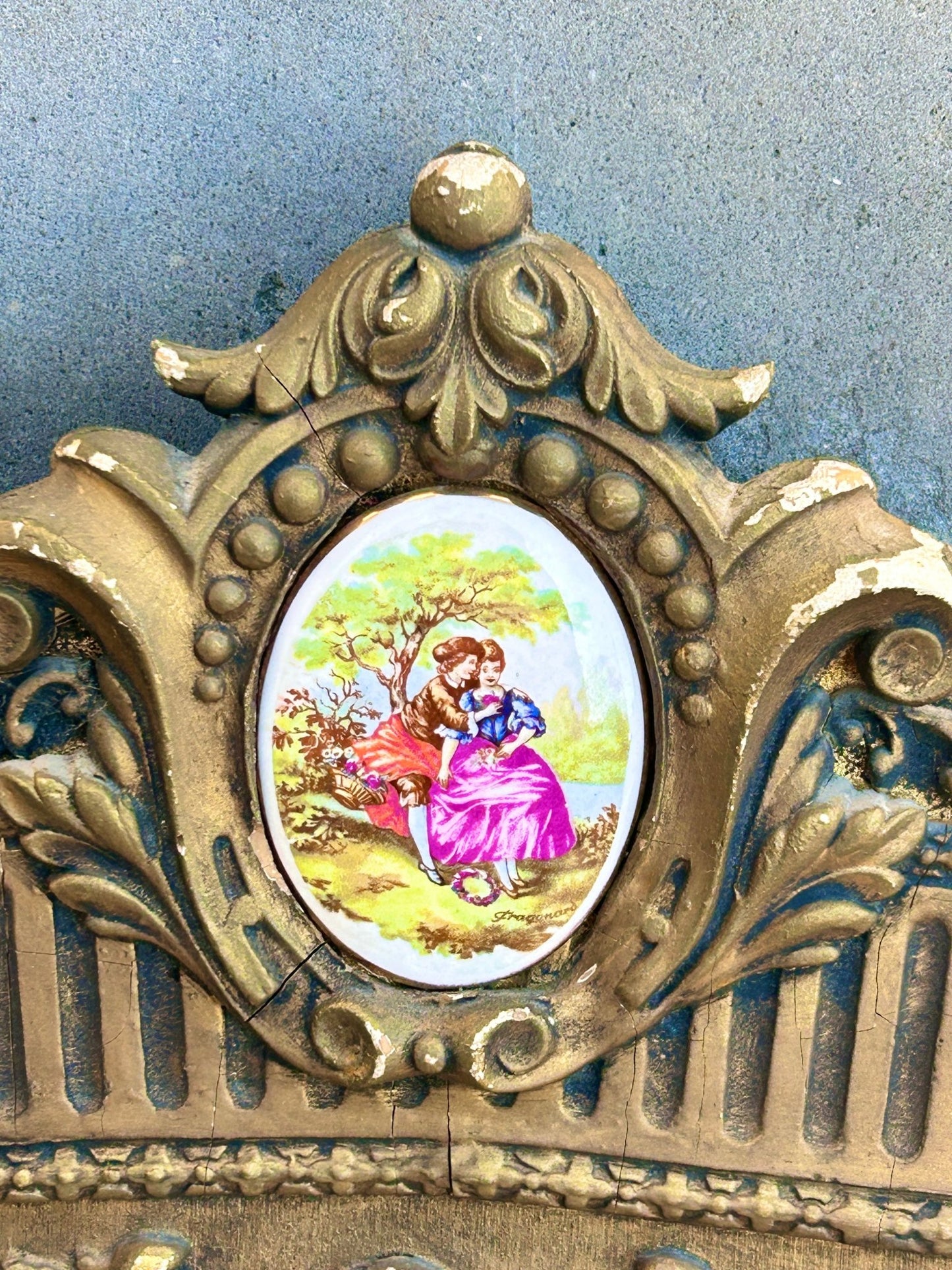 Sold Out - French Rococo gilt framed wall mirror rectangular porcelain surmount “Fragonard” 19th century inspired - Room Four