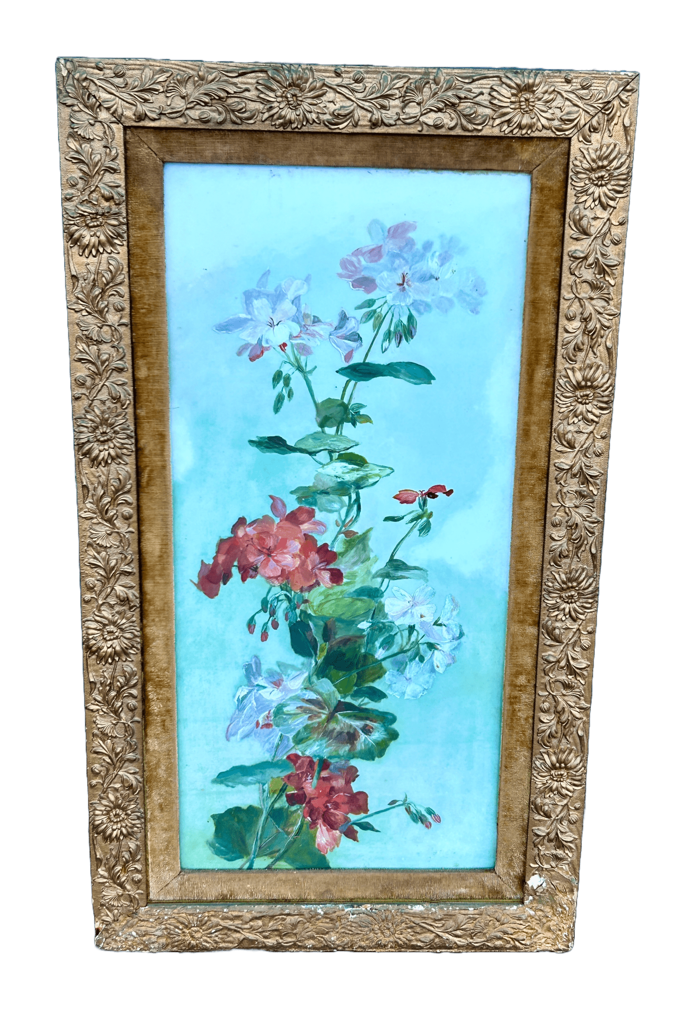 Vintage Gilt Framed Floral Painting on Milk Glass - Room Four