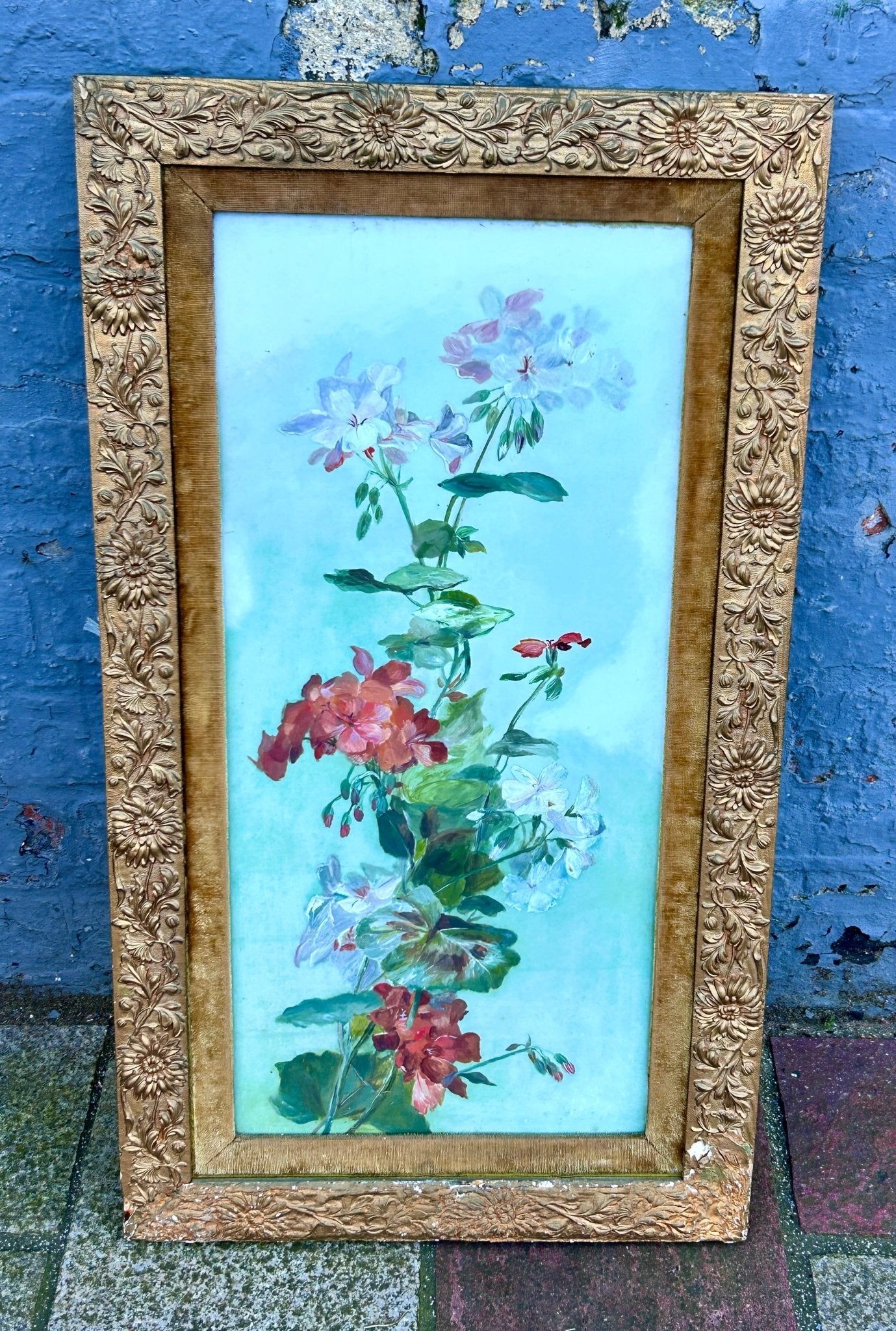 Vintage Gilt Framed Floral Painting on Milk Glass - Room Four