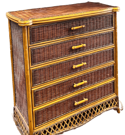 Vintage Wicker Rattan Bamboo 5 - Drawer Chest of Drawers - Room Four