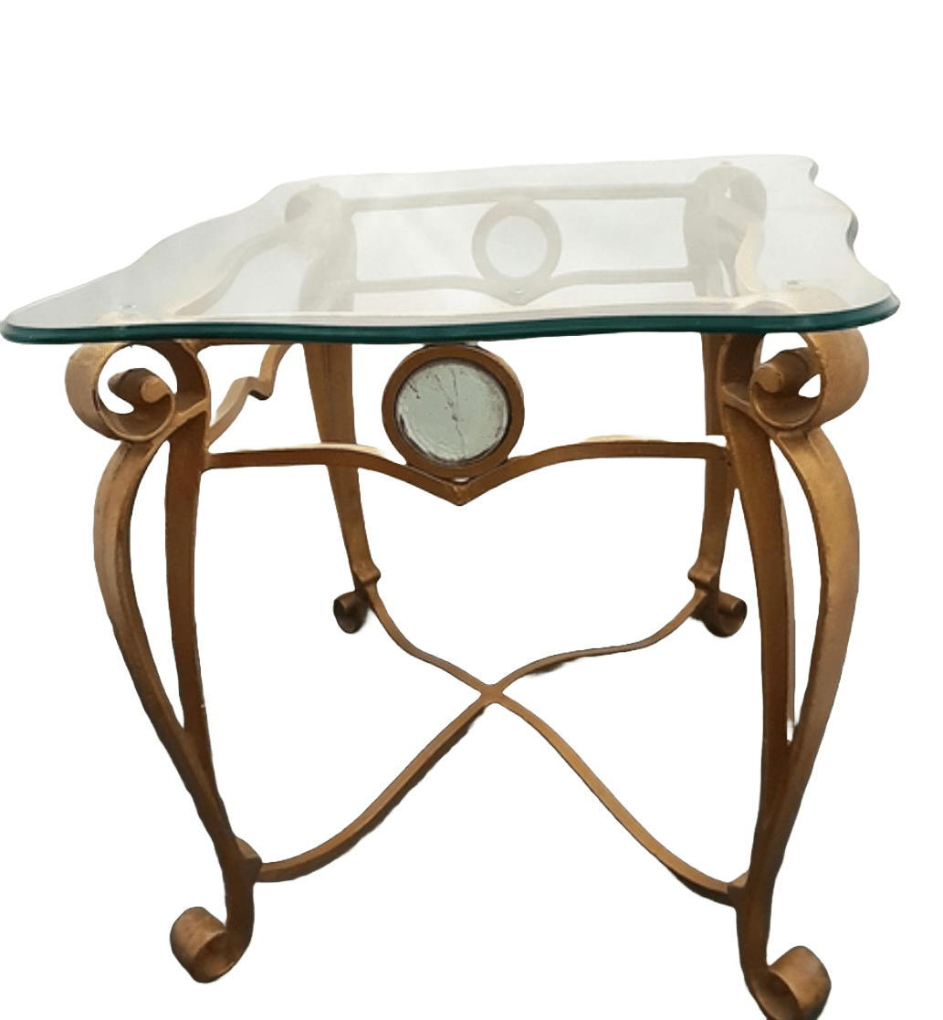 Vintage Wrought Iron Glass Console Table Gilt Finish - Room Four