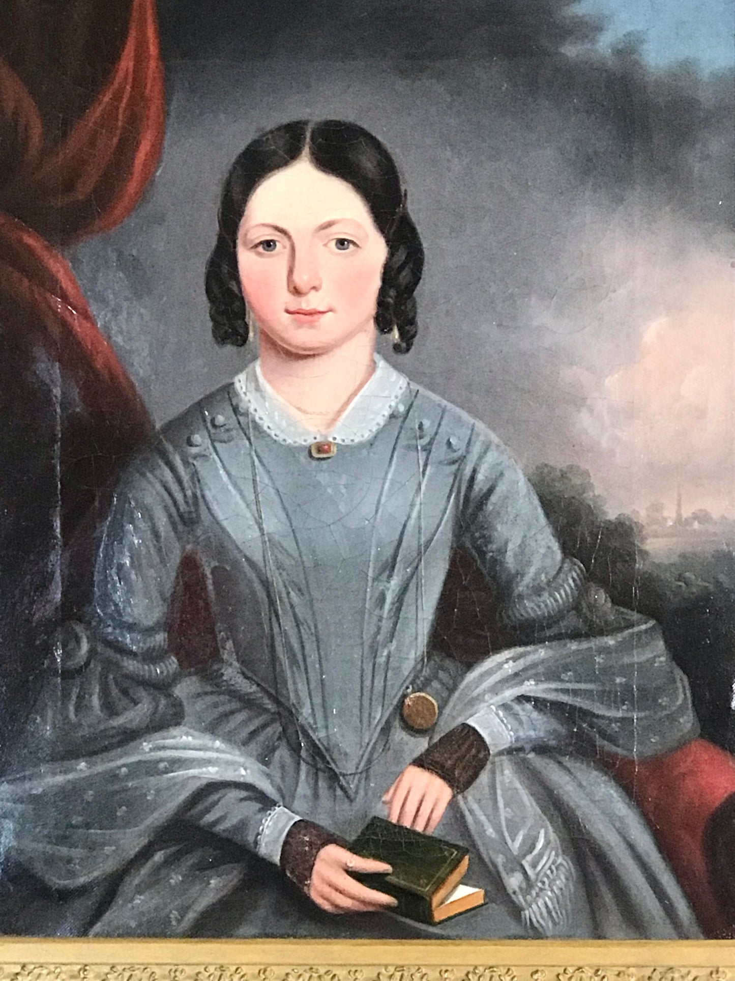 Sold - Girl in Grey Dress Victorian Oil Painting