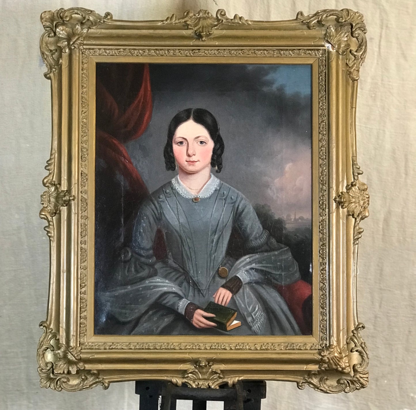Sold - Girl in Grey Dress Victorian Oil Painting