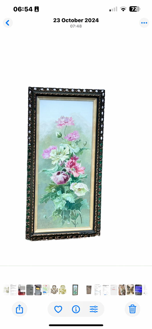 Vintage Gilt Framed Floral Painting on Milk Glass