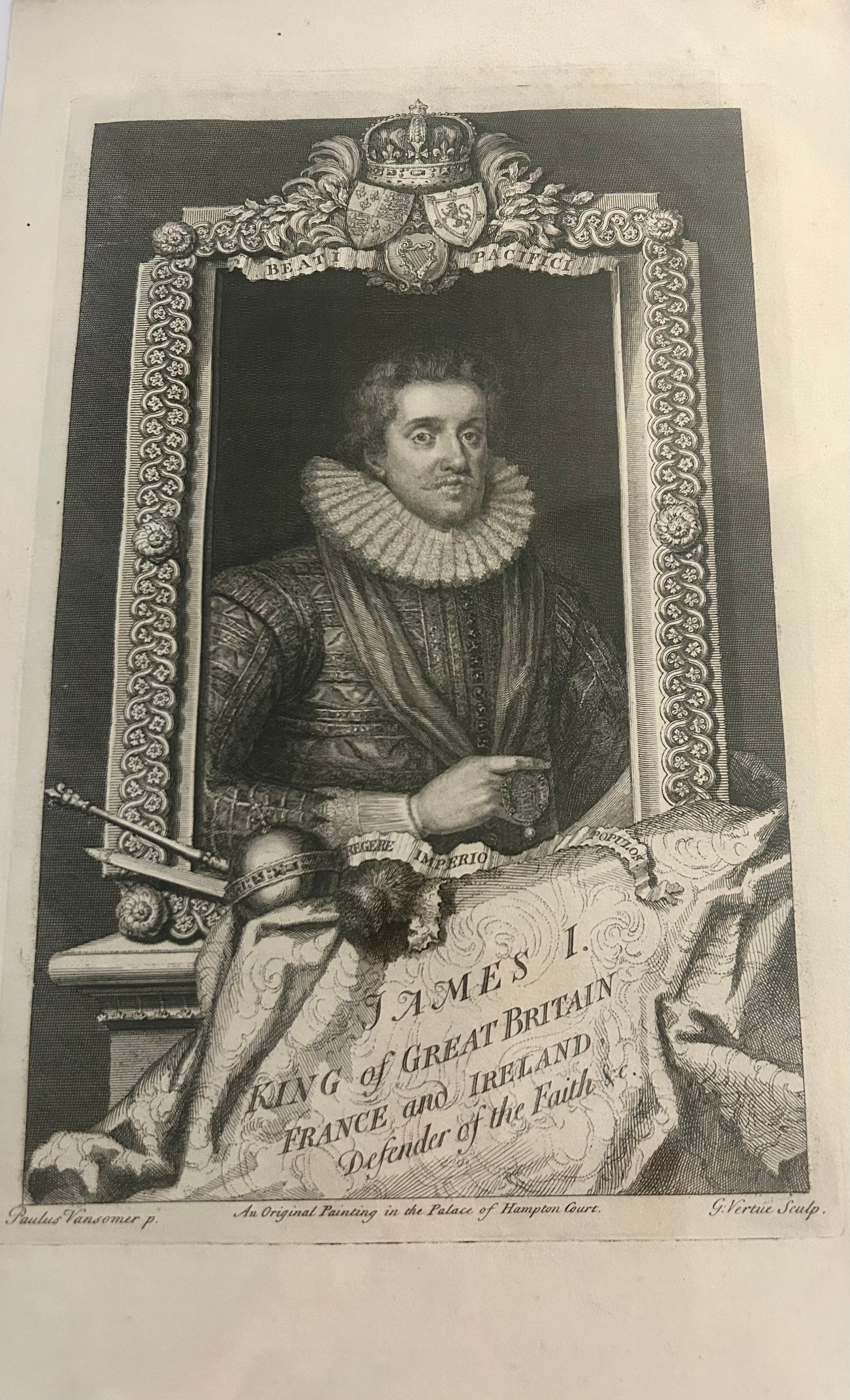 Antique black and white engraving of King James I of Great Britain by George Vertue after Paulus van Somer, titled “An Original Painting in the Palace of Hampton Court.”