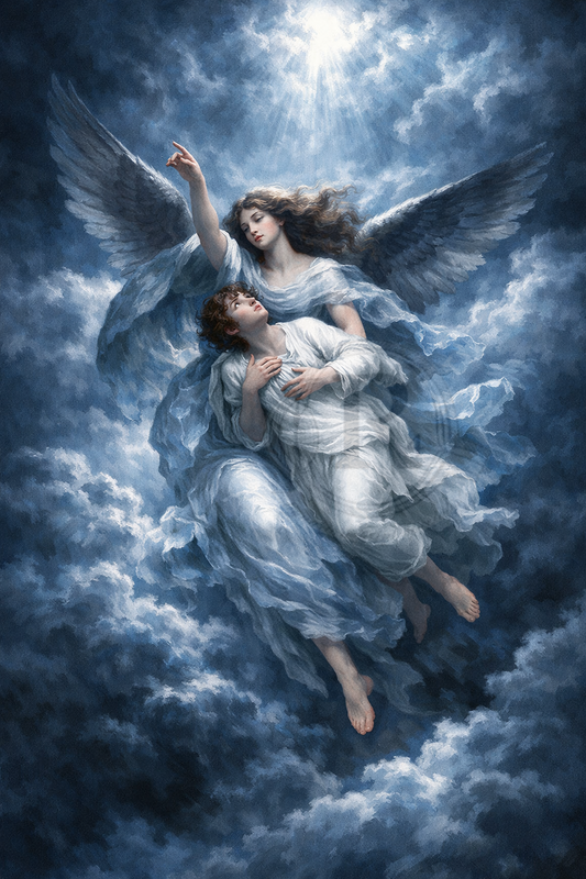 The Ascent of Light – Dramatic Blue Angel Art Print 