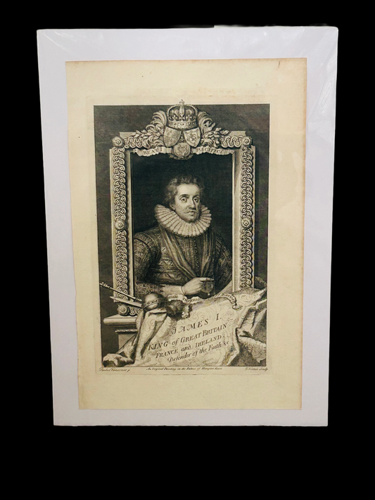 König Jakob I. – Antiker Kupferstich, Großbritannien, Frankreich und Irland – Nach Vansomer, gestochen von Vertue