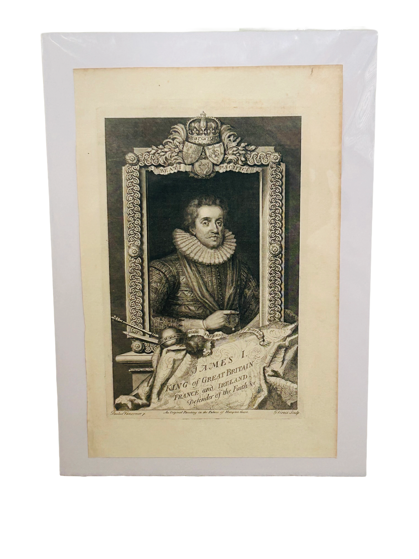 King James I – Antique Engraving, Great Britain, France & Ireland – After Vansomer, Engraved by Vertue
