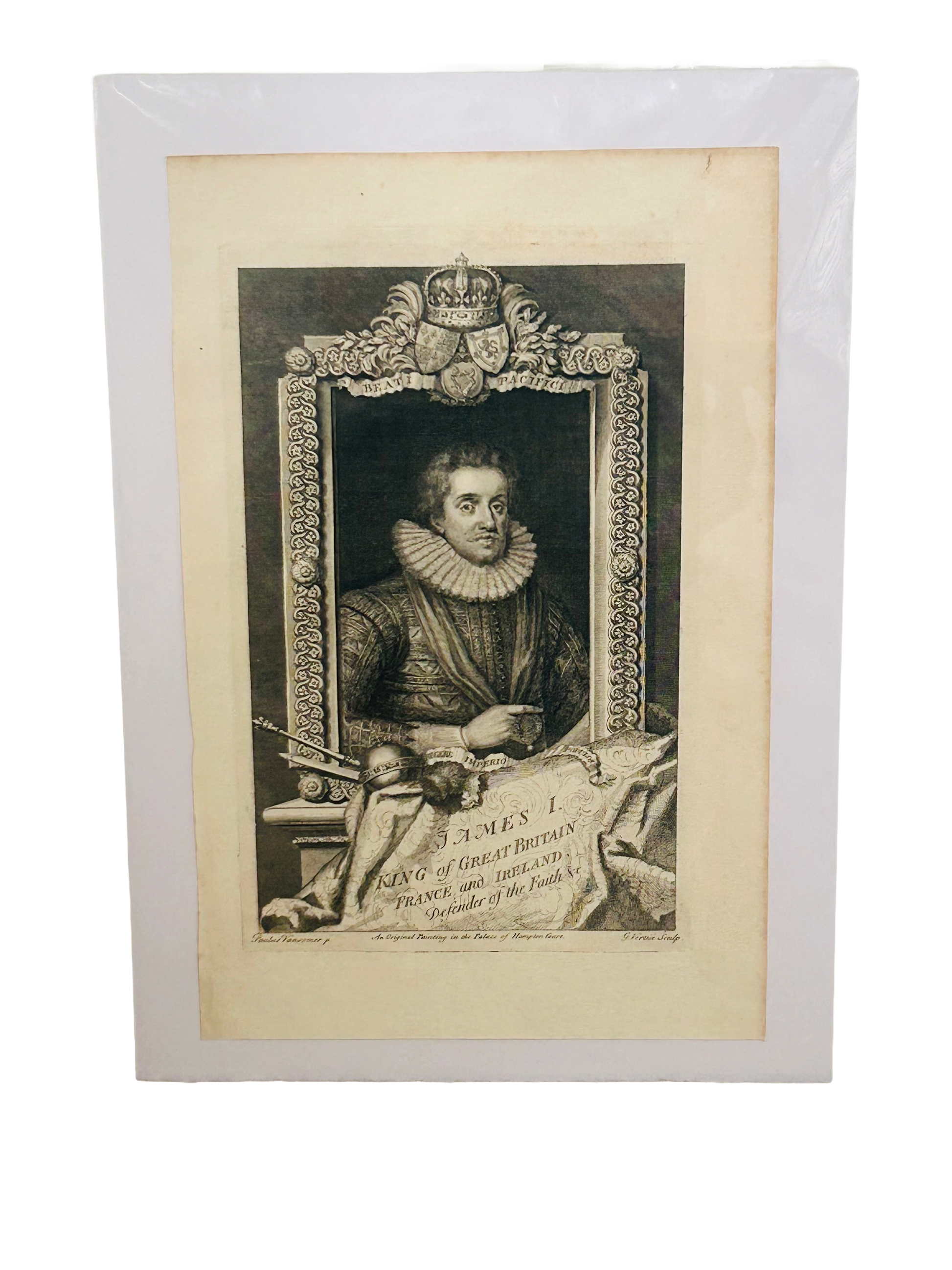 King James I – Antique Engraving, Great Britain, France & Ireland – After Vansomer, Engraved by Vertue