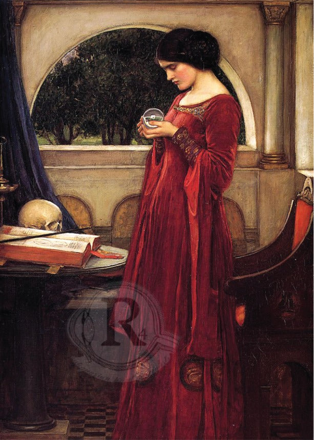 The Crystal Ball - John William Waterhouse“ - The Crystal Ball” (1902) Gothic Fine Art Print  Woman in a red dress holding a crystal ball in an elegant interior setting - gothic - John William Waterhouse  