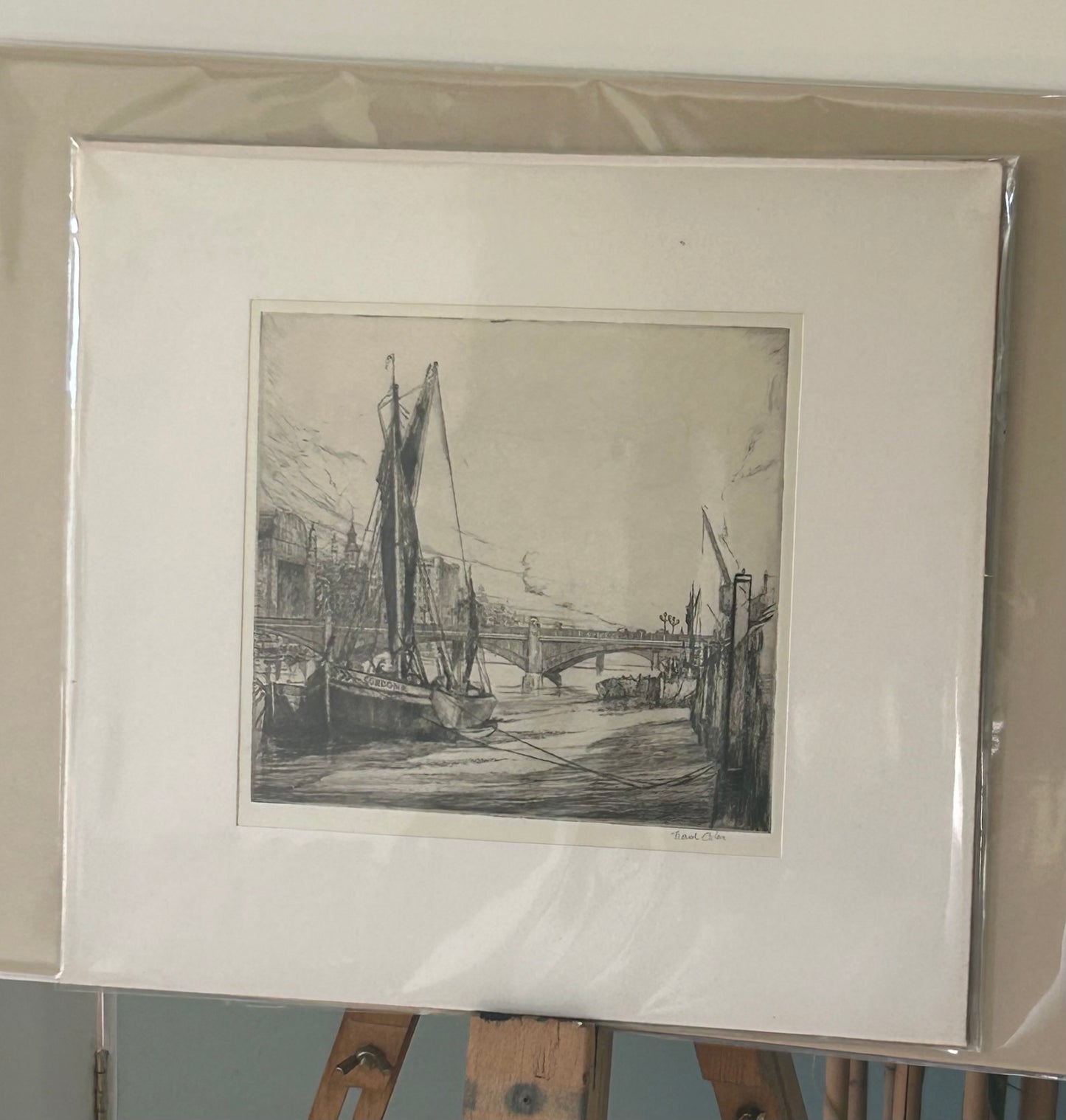 Frank Osler Signed Etching - Thames Barge "Gordon" at London Bridge,Circa 1930s