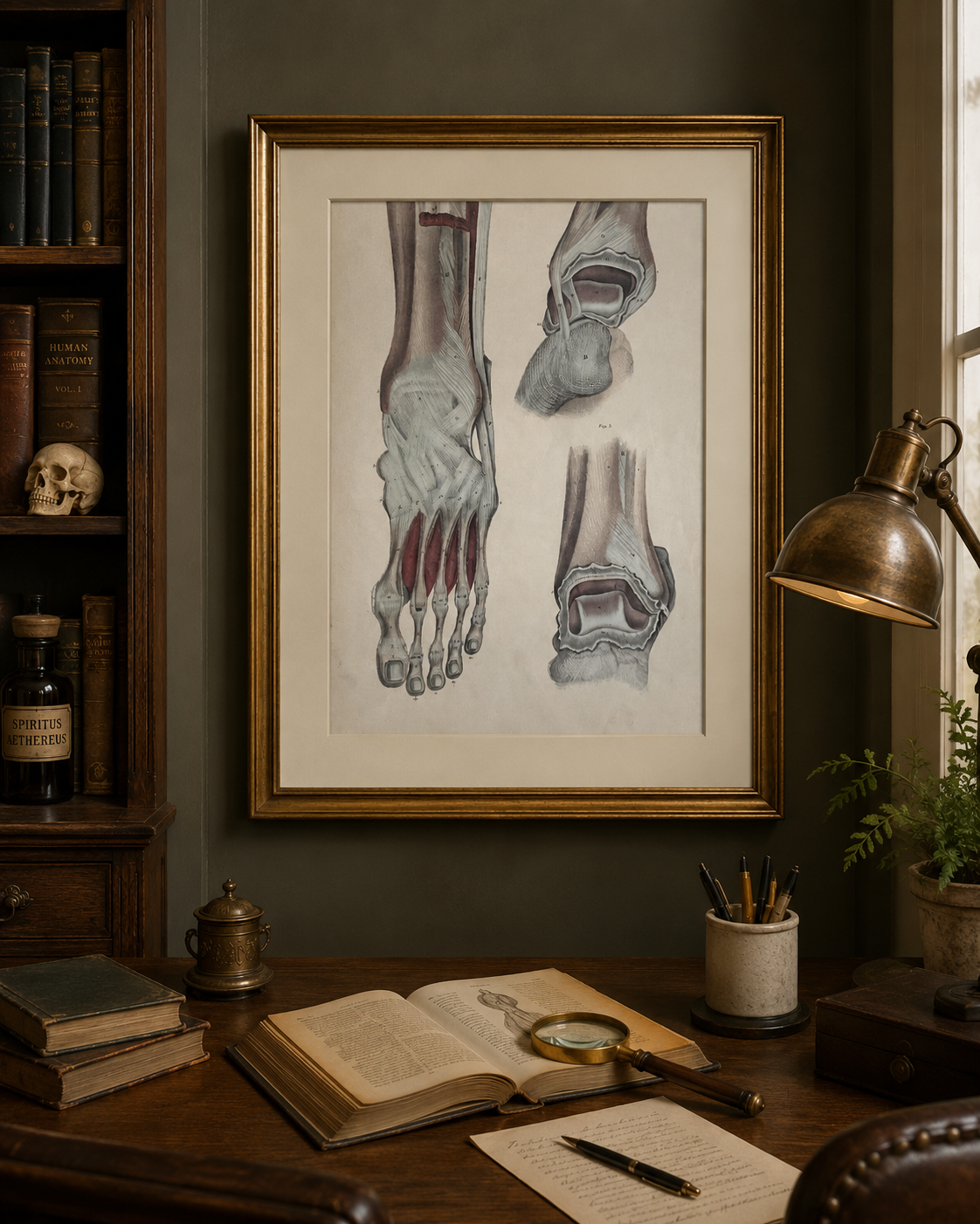 Antike anatomische Fuß- und Sprunggelenksillustration – Tafel LIV | Muskeln, Sehnen und Knochenstruktur – Frühe Anatomie – ORIGINAL