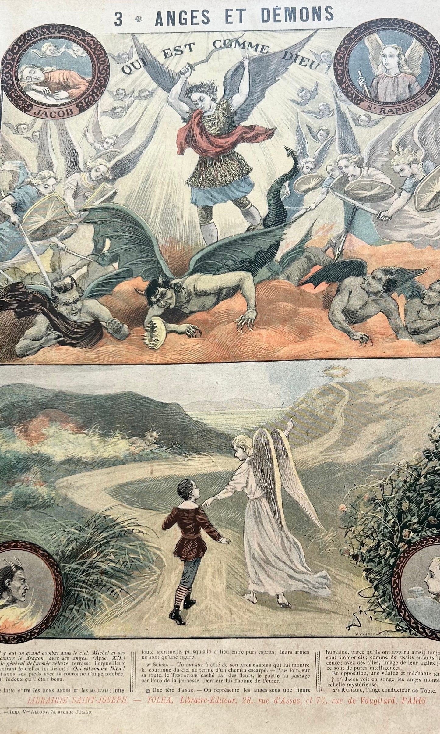 Antique French Religious Catechism Print – Divine Attribute "Anges Et Demons" / No 3