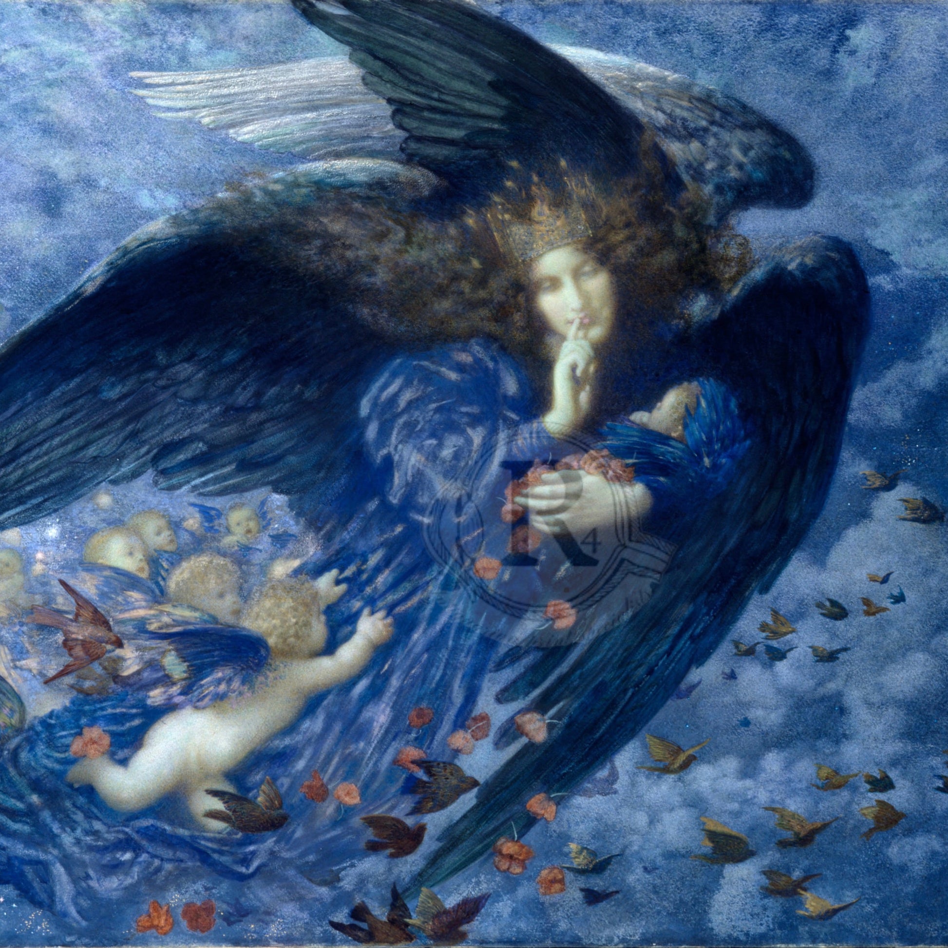 This print captures the ethereal grace of Edward Robert Hughes’s Night and Her Train of Stars (1902). Cloaked in deep indigo wings, Night glides through the heavens surrounded by cherubs scattering blossoms and stars.  - Artistic depiction of a winged figure with a child and birds in a blue and white color scheme.