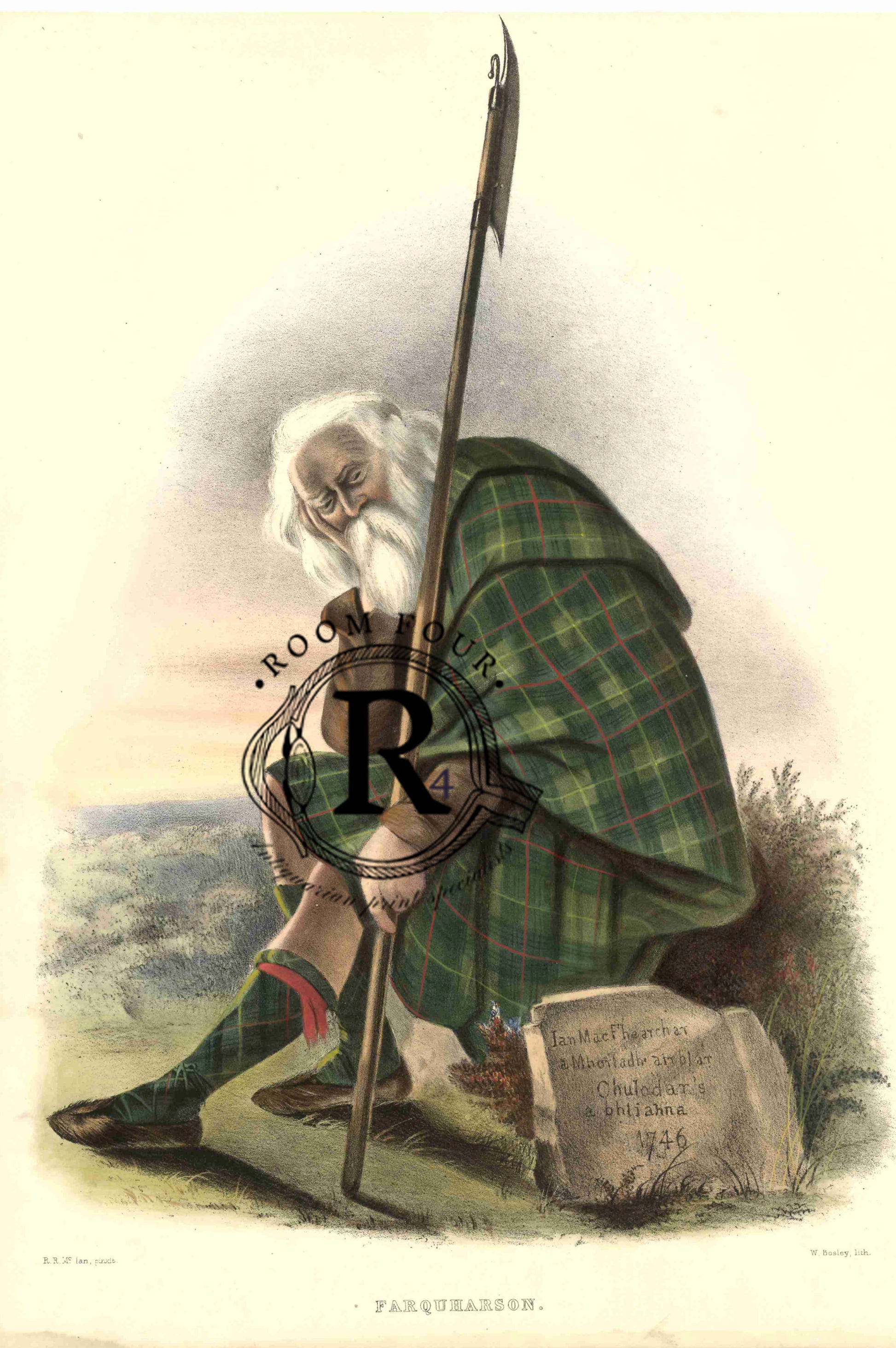 Vintage Clan Farquharson a lithograph by R.R. McIan, Ackermann & Co., 1845 – traditional Scottish tartan and dress illustration.