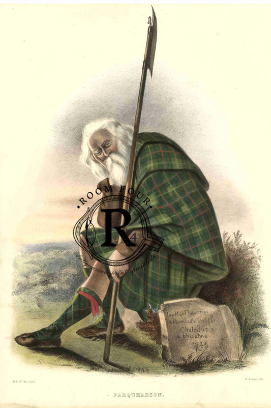 Vintage Clan Farquharson a lithograph by R.R. McIan, Ackermann & Co., 1845 – traditional Scottish tartan and dress illustration.
