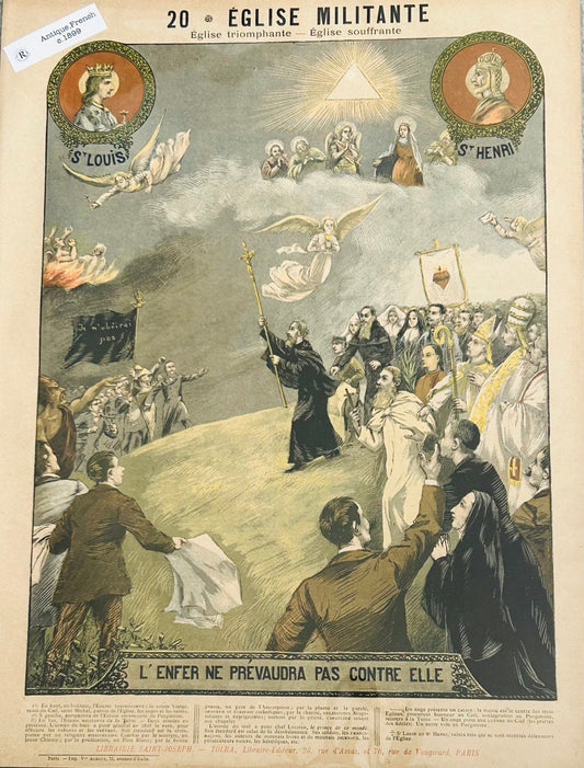 French Religious Print – "Eglise Militante" Antique Illustration No 20/Catechism