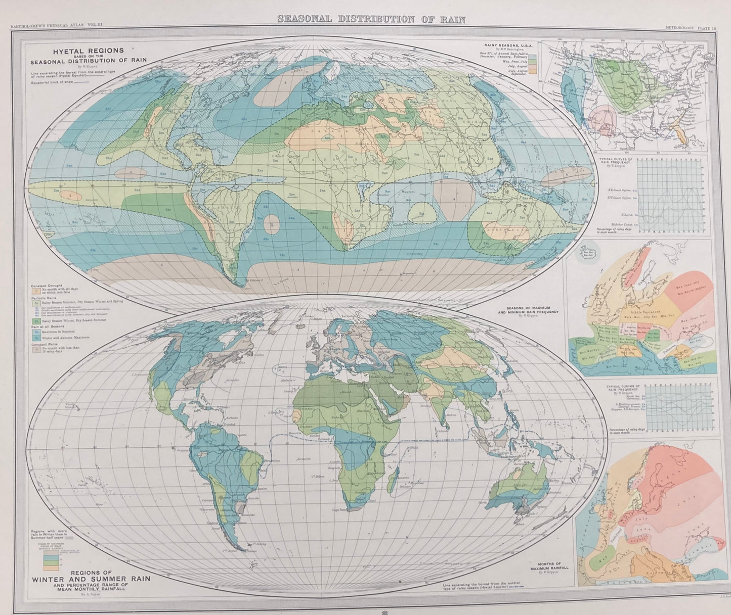 Antique Meteorological Map of World Rain Patterns – Vintage Weather Chart, 19th Century