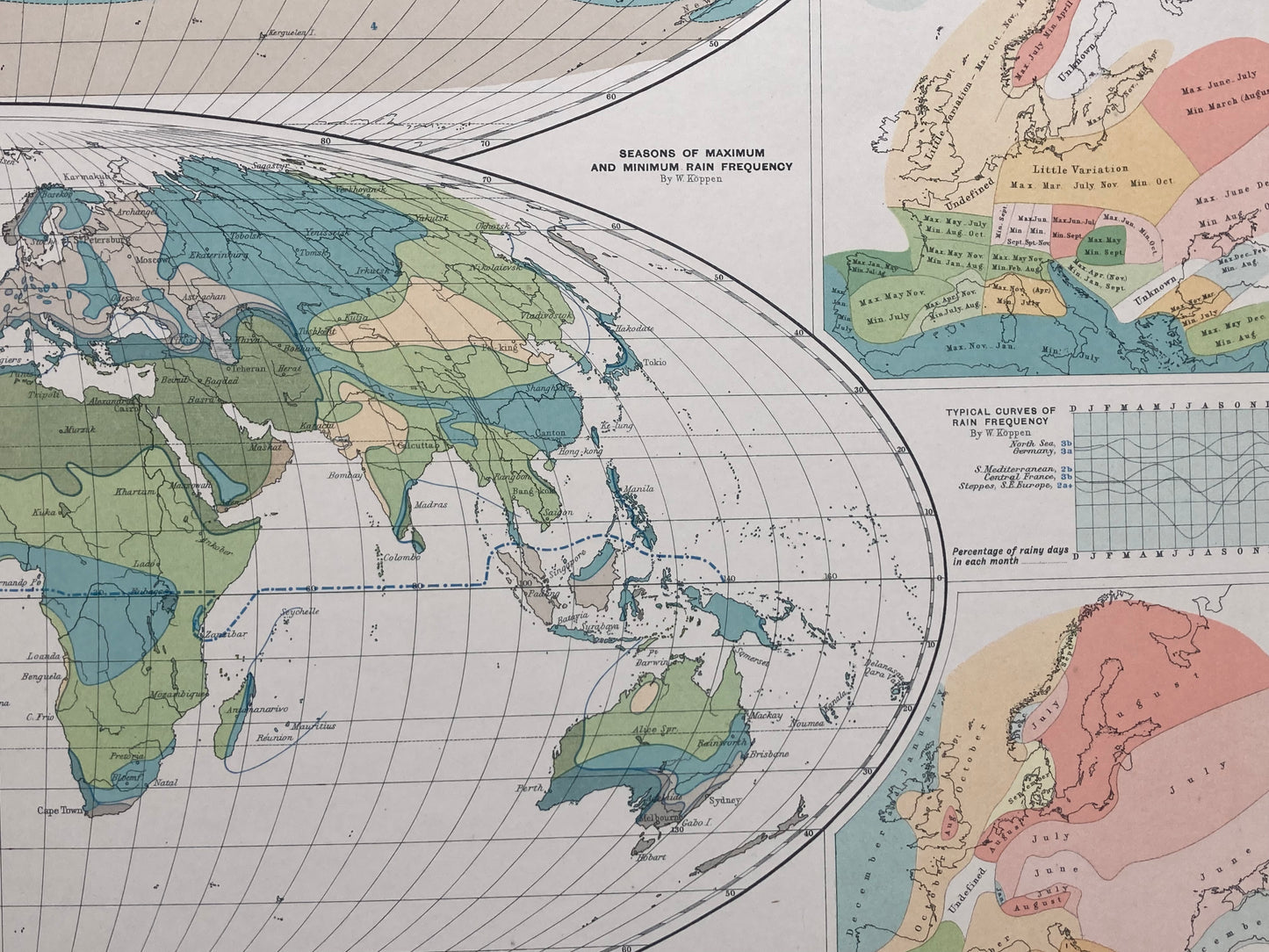 Antique Meteorological Map of World Rain Patterns – Vintage Weather Chart, 19th Century