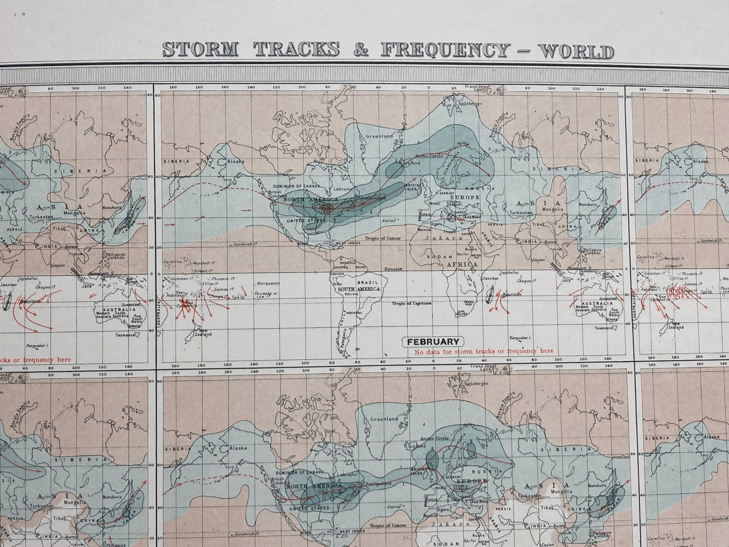 Antique Meteorological Map - STORM TRACKS & FREQUENCY – Vintage Weather Chart,19th Century