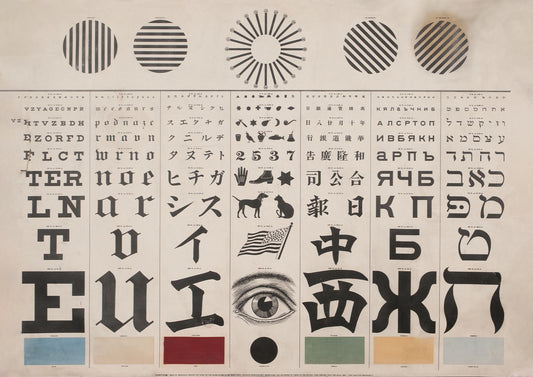 This fantastic American eye test chart advertised at the time (around 1907) as “the only chart published that can be used by people of any nationality”. Intended to be as inclusive as possible it features characters in Roman Alphabet for European readers and also Russian, Chinese, Japanese and Hebrew. It also features symbols for children or adults who were illiterate, radial dial tests for detecting astigmatism and finally colour panels for those working on railroads and steamboats.