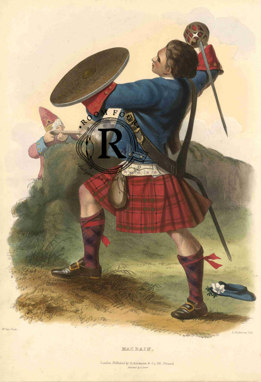 MacBain - The Clans of the Scottish Highlands was originally published in two volumes between 1845 and 1847 by Ackermann &amp; Co., London.&nbsp;These volumes featured artwork by R. R. McIan, with text by James Logan.
