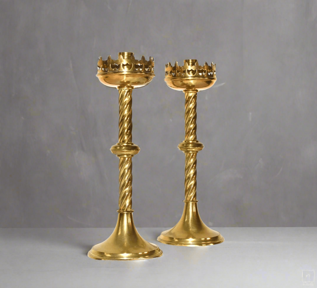 Antique Brass Gothic Church Candlesticks a Pair - Room Four