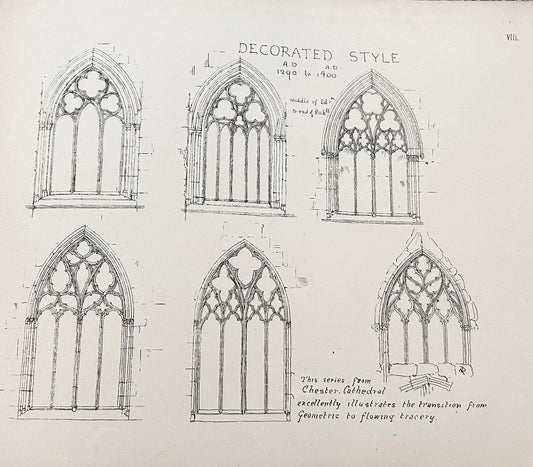 Architectural Decorated Styles  -    Rimmer 1874 - Period 1290  to 1400 Early English Chester Cathedral Plate VIII