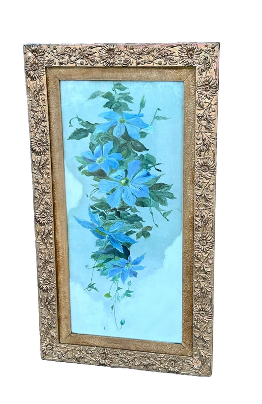 Vintage Gilt Framed Floral Painting on Milk Glass - Room Four