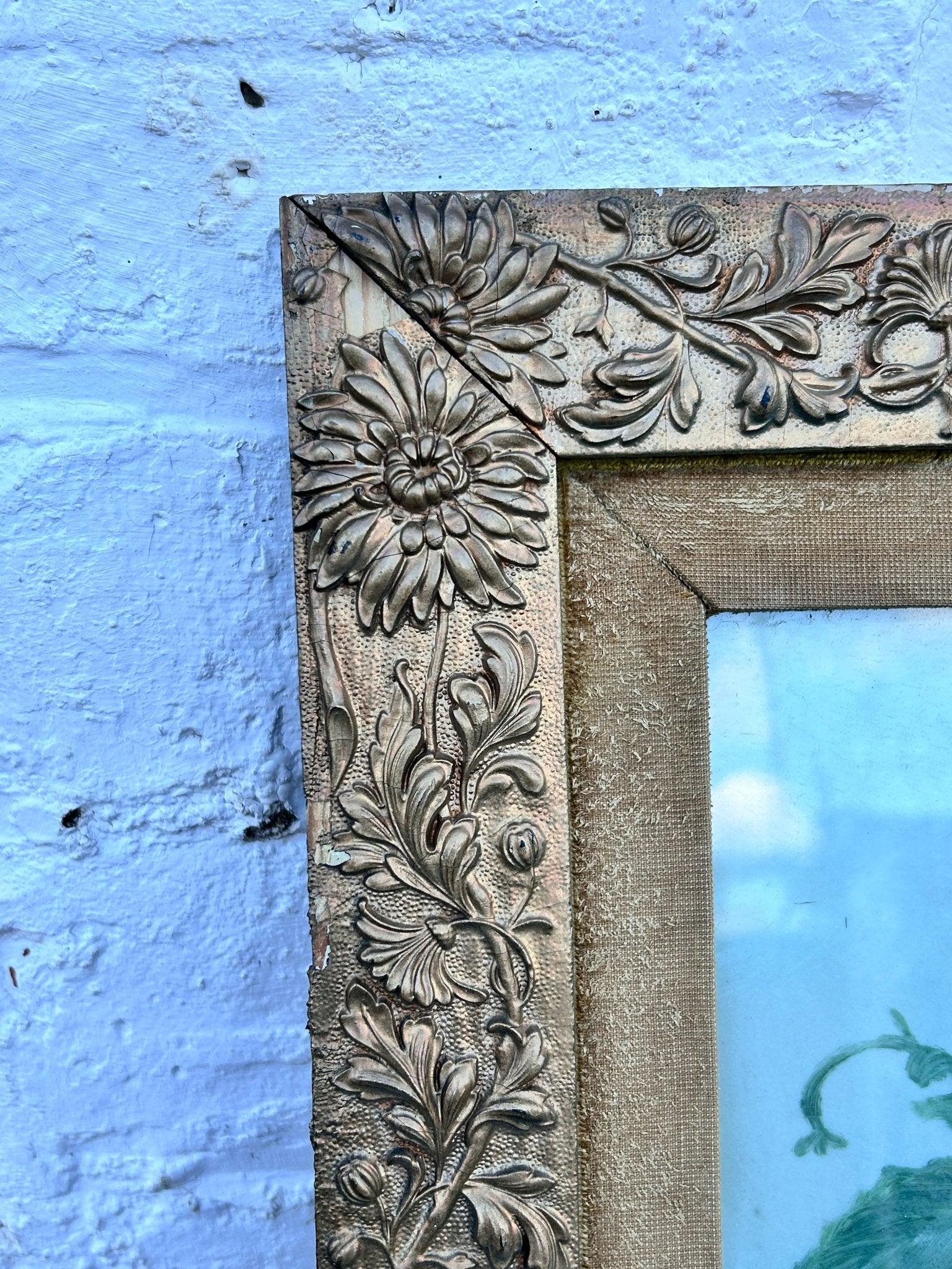 Vintage Gilt Framed Floral Painting on Milk Glass - Room Four