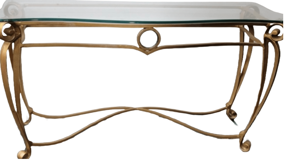 Vintage Wrought Iron Glass Console Table Gilt Finish - Room Four