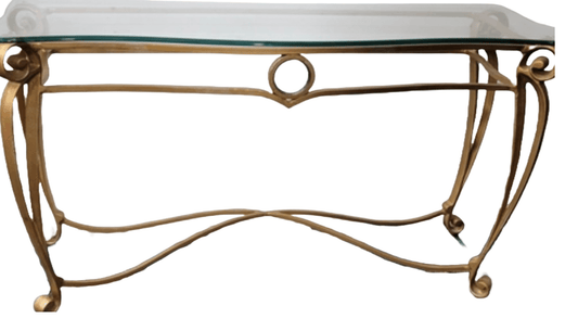 Vintage Wrought Iron Glass Console Table Gilt Finish - Room Four
