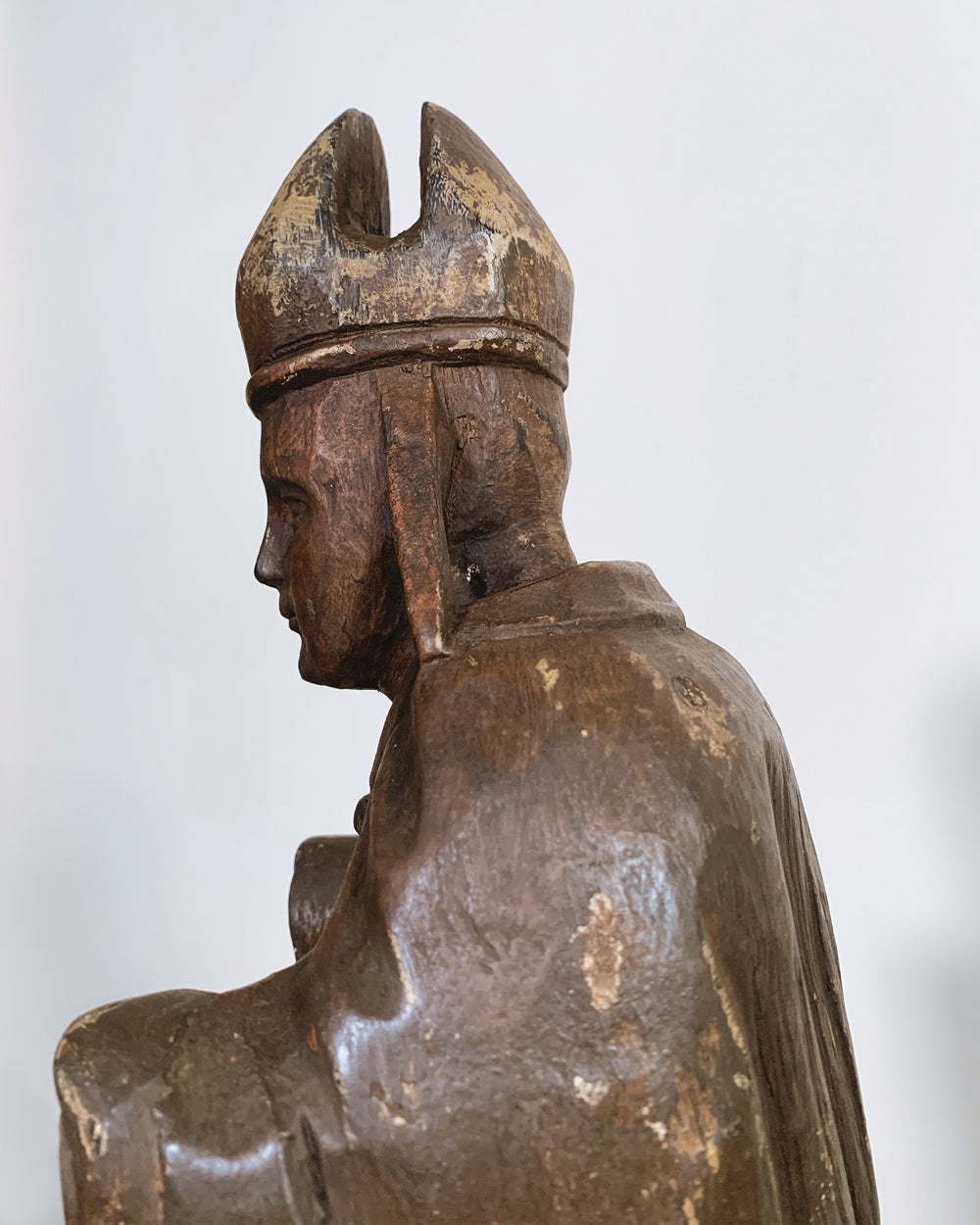 Antique Religious Wood Carving Figure of a Bishop 