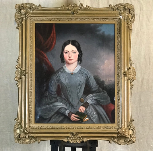 Pintura al óleo victoriana - Chica con vestido gris