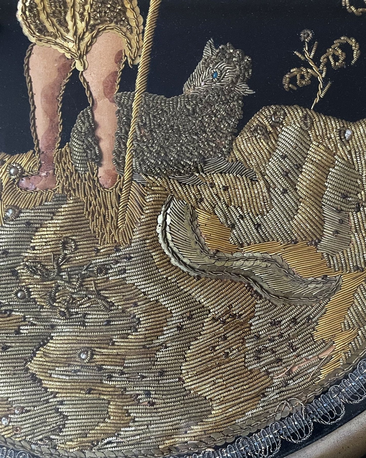 French Antique Religious Tapestry Gold Silk Needlework Lamb of God - Room Four