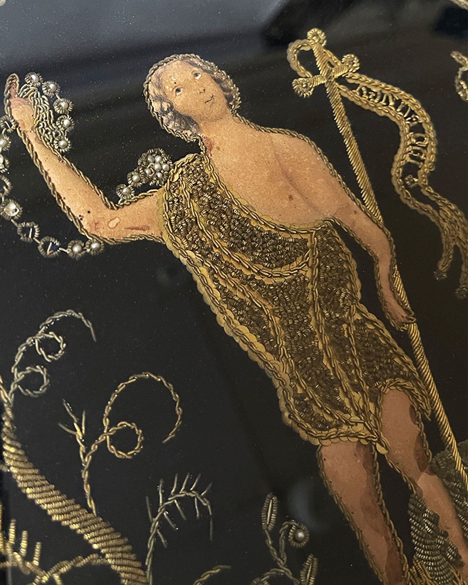 French Antique Religious Tapestry Gold Silk Needlework Lamb of God - Room Four