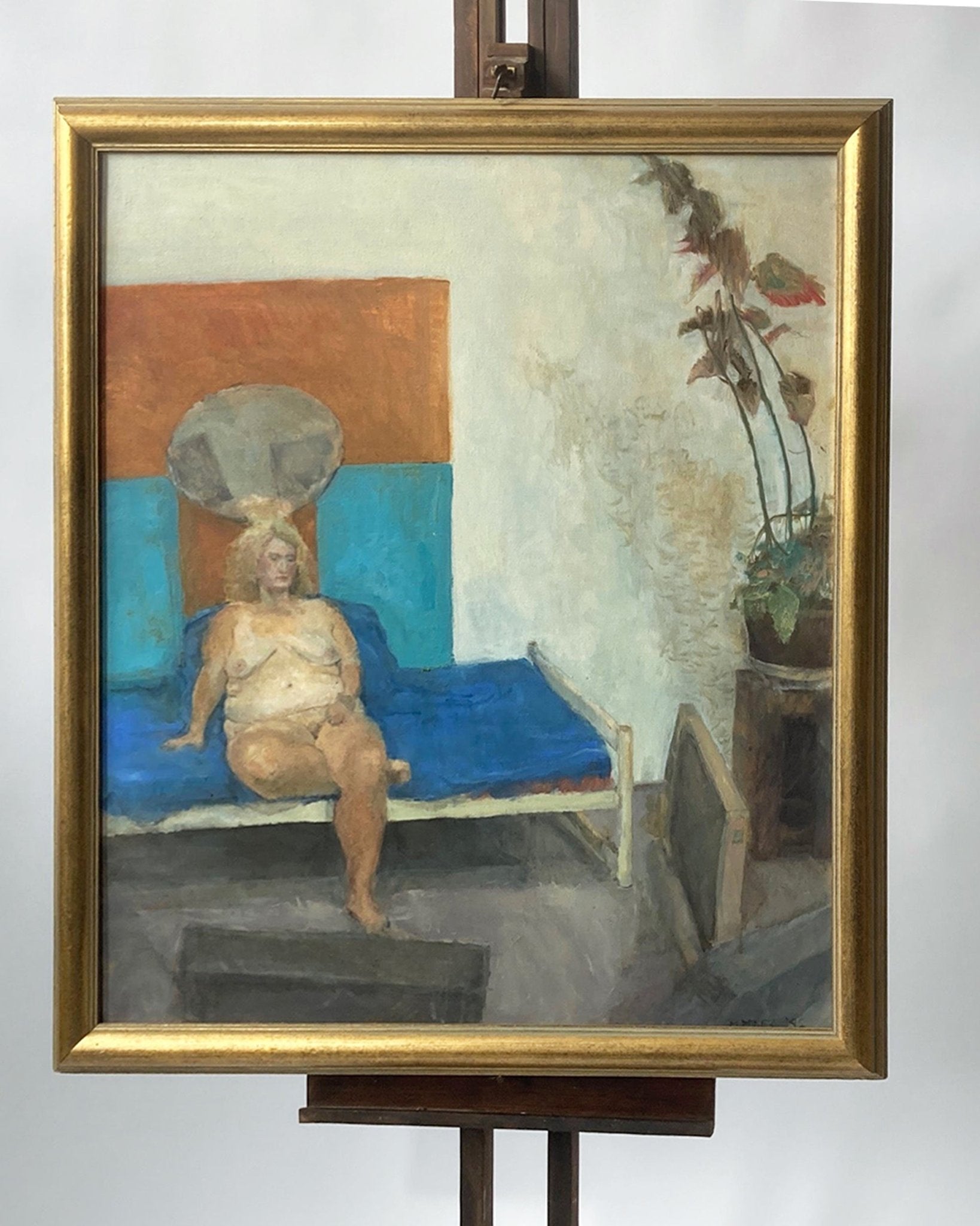 “Keeping Cool” Female Nude Mid Century Framed Oil On Canvas - Room Four